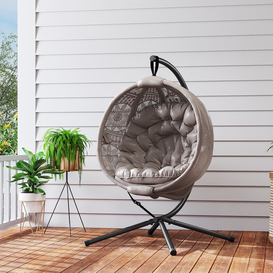 image 1 of Outsunny Outdoor Hanging Chair, Swing Chair with Metal Stand, Thick Padded Cushion, Foldable Basket and Side Pocket, for Indoor and Outdoor, Sand | Brown