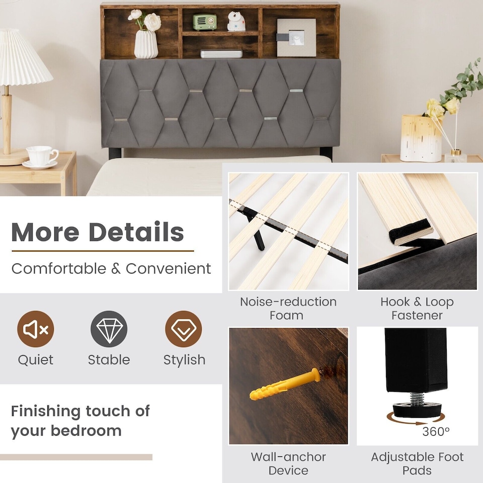 image 1 of COSTWAY Single Size Bed Frame Upholstered Slat Support Platform Bed