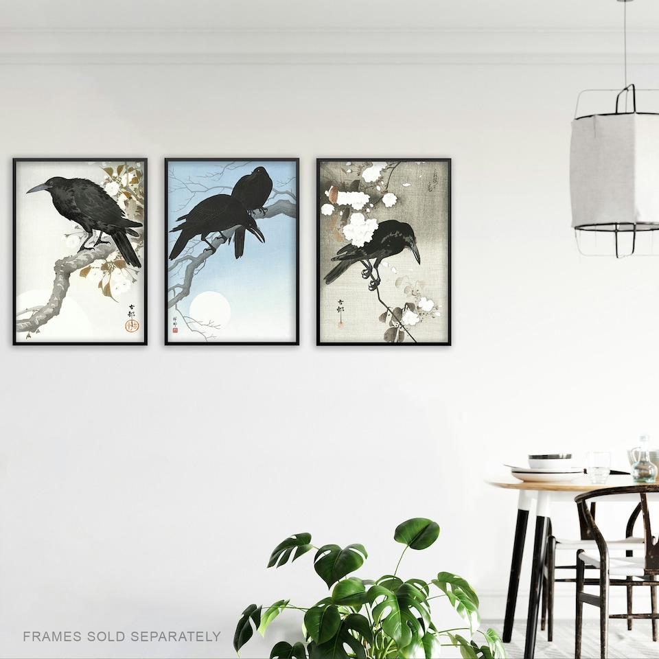 image 1 of Set of 3 Ohara Koson Crows Black White Blue Japanese A4 Wall Art Prints | Multi
