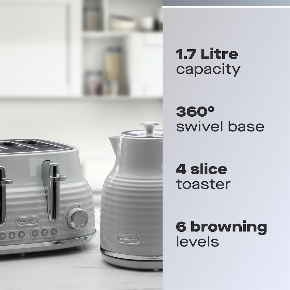 image 1 of Daewoo Sienna 1.7L Rapid Boil Kettle and 4 Slice Toaster Set | Grey | Grey | 4-slice