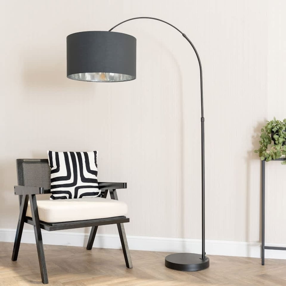 image 1 of ValueLights Louis Black Arched Floor Lamp with Black Drum Metallic Chrome Inner Shade & Bulb | Black