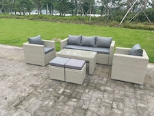 Fimous Wicker Rattan Garden Furniture Sofa Sets Outdoor Patio Coffee Table With Stools light grey