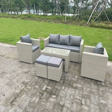 Fimous Wicker Rattan Garden Furniture Sofa Sets Outdoor Patio Coffee Table With Stools light grey