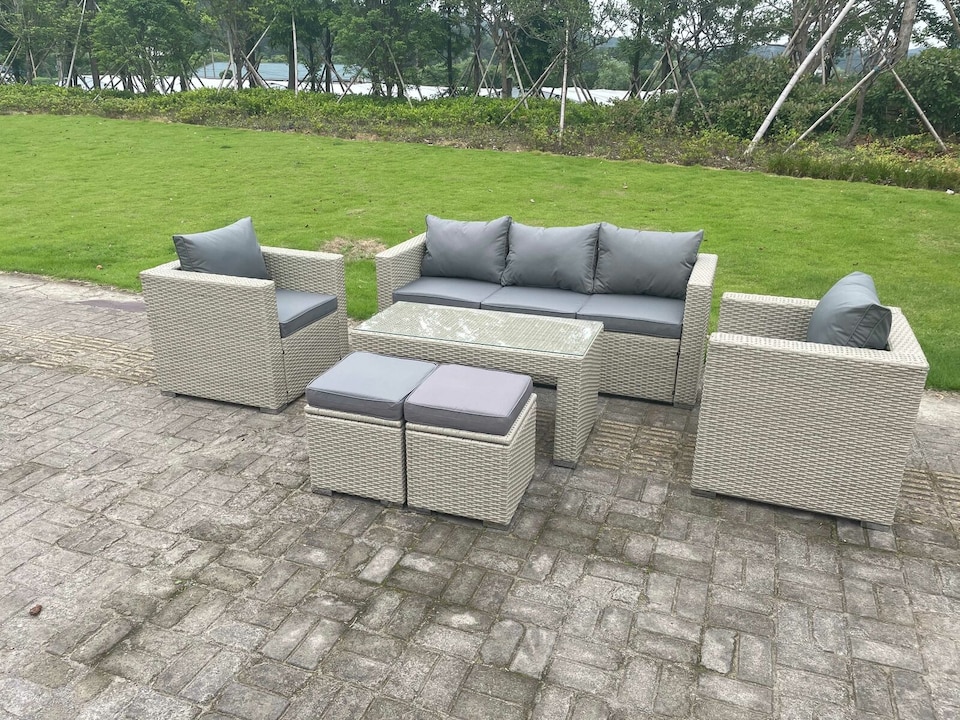 image 1 of Fimous Wicker Rattan Garden Furniture Sofa Sets Outdoor Patio Coffee Table With Stools light grey
