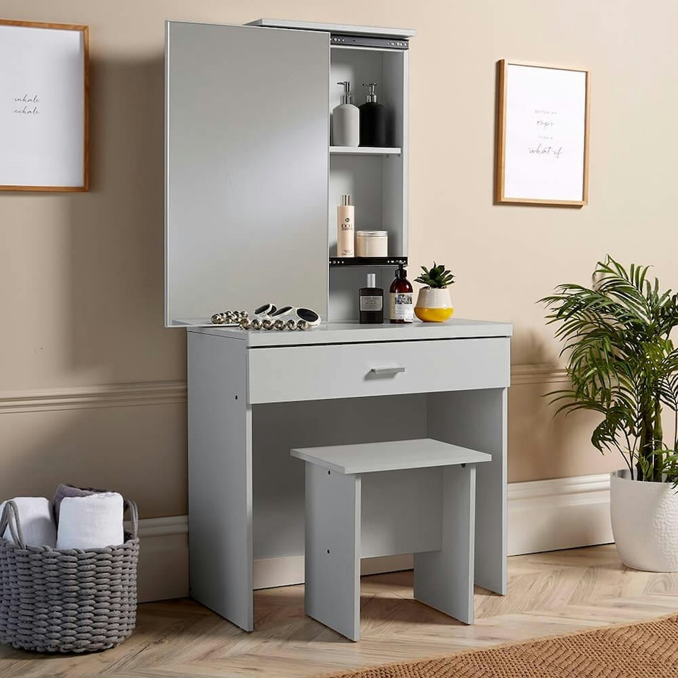 image 1 of Makeup Dressing Table Set With Sliding Storage Space Vanity Mirror and Stool White