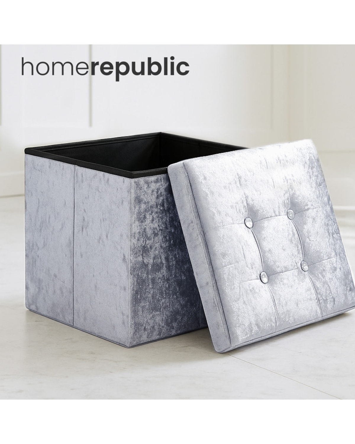 Home Republic Foldable Crushed Velvet Storage Ottoman in Grey | Size: 1 Seater