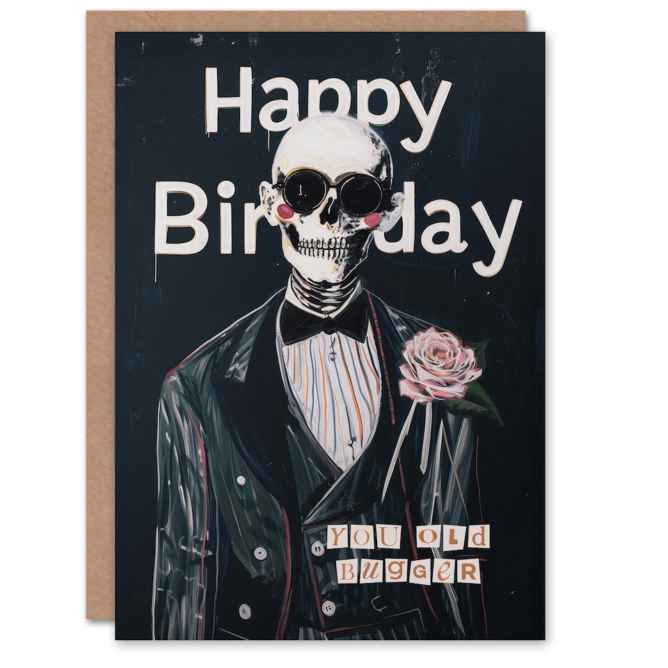 image 1 of Old Bugger Tuxedo Suit Rose Skeleton Age Grandpa Papa Birthday Card