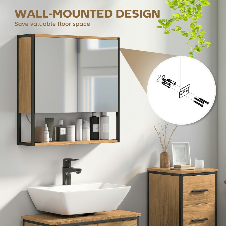 image 1 of HOMCOM Industrial Bathroom Cabinet with 2 Mirrored Doors Open Shelf Brown