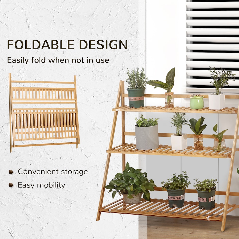 image 1 of Outsunny 3-Tier Folding Bamboo Plant Stand Display Rack for Indoor & Outdoor
