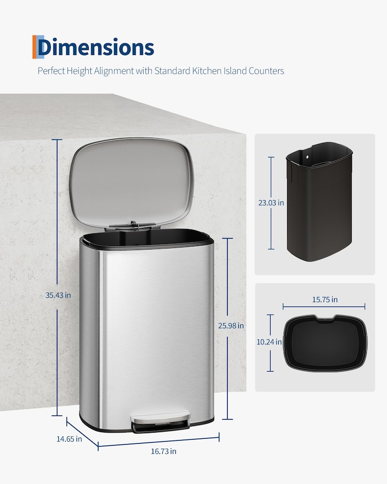 image 1 of London Boutique 50L Stainless Steel Pedal Bin Kitchen Trash Can w/ Removable Inner Bucket - Silver