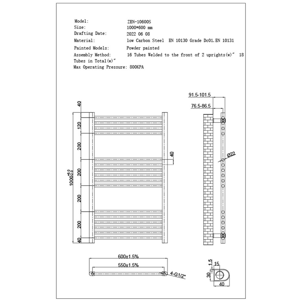 image 1 of Zennor - White Electric Towel Rail H1000mm x W600mm Straight 500w Thermostatic