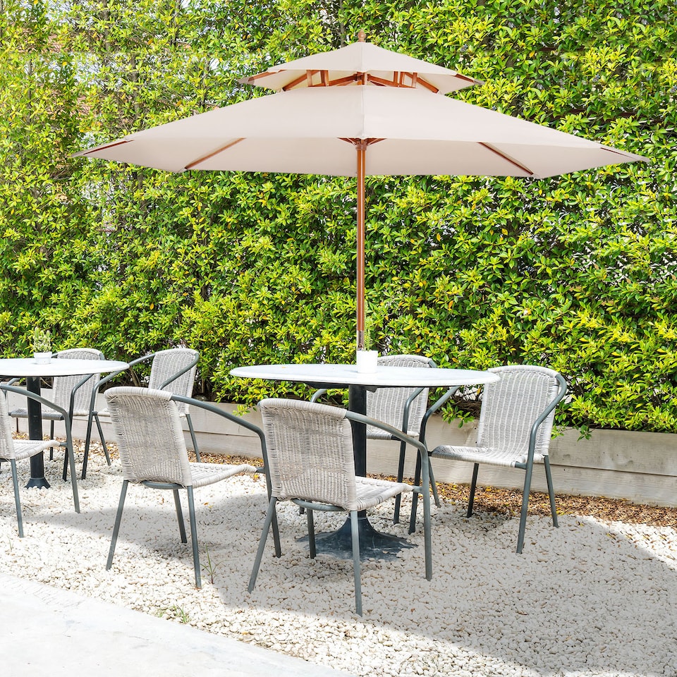 image 1 of Outsunny 2.7 m Garden Parasol Umbrella, Double Tier Garden Umbrellas Outdoor Sun Umbrella Sunshade Bamboo Ribs, Beige