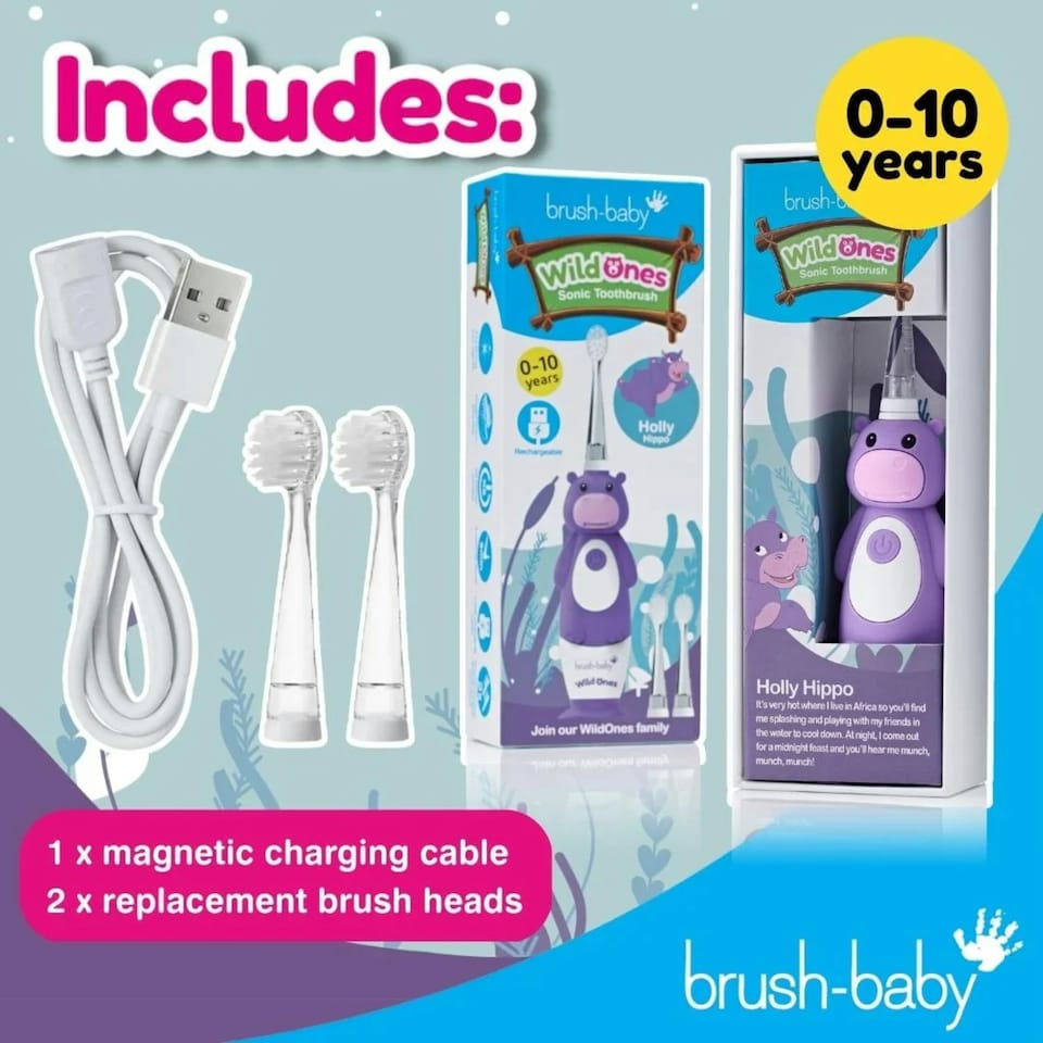 image 1 of Brush Baby WildOnes™ Hippo Kids Electric Rechargeable Toothbrush & Applemint Toothpaste
