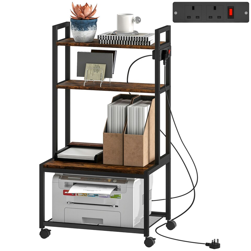 image 1 of HOMCOM 4-Tier Mobile Printer Stand with Power Outlets for Home Office Brown