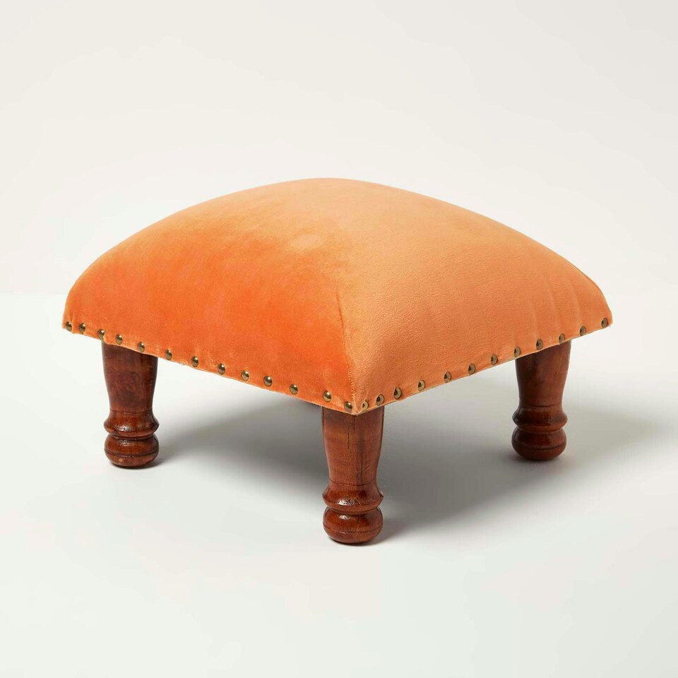 image 1 of Homescapes Mable Burnt Orange Velvet Square Footstool