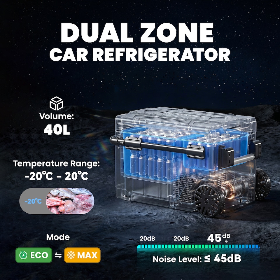 image 1 of Outsunny 40L Compressor Car Fridge Freezer, Dual Zone with App Control | Black | Black | 69.2L x 45.3W x 45H cm