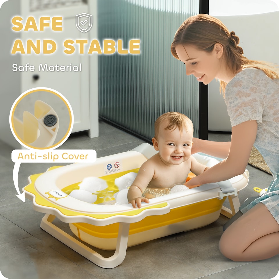 image 1 of AIYAPLAY Foldable Baby Bath Tub Set with Bath Cushion, Wash Basin, Yellow