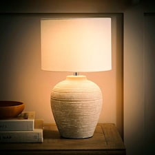 ValueLights Reid Linen Drum Lamp Shade Stone Grey Ribbed Ceramic Small Table Lamp Grey