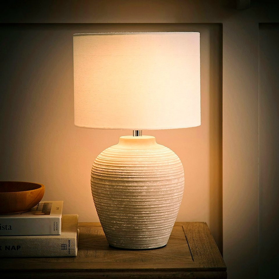 image 1 of ValueLights Reid Linen Drum Lamp Shade Stone Grey Ribbed Ceramic Small Table Lamp Grey