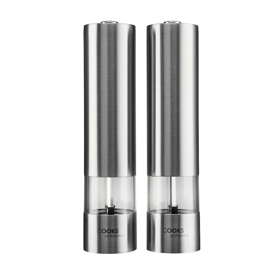 image 1 of Cooks Professional Electric Salt & Pepper Mill - Stainless Steel Automatic Grinder - Silver