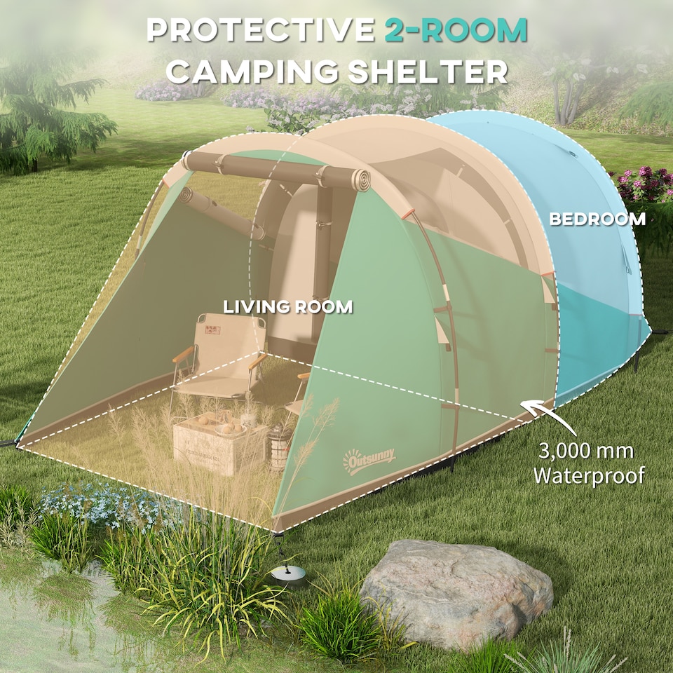image 1 of Outsunny 3000mm Waterproof Camping Tent with 2 Rooms for 3 Man, Green