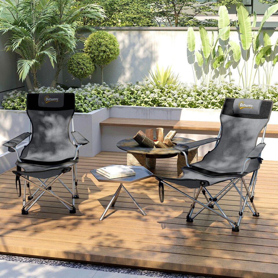 image 1 of Outsunny Set of 2 Reclining Camping Chairs Grey | Grey and Black