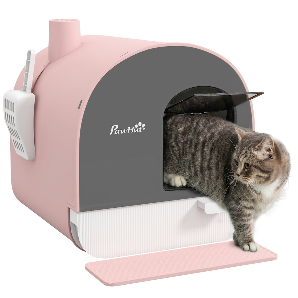 image 1 of PawHut Cat Litter Box Kitten Litter Tray w/ Lid, Scoop, Filter, Flap Door, Pink