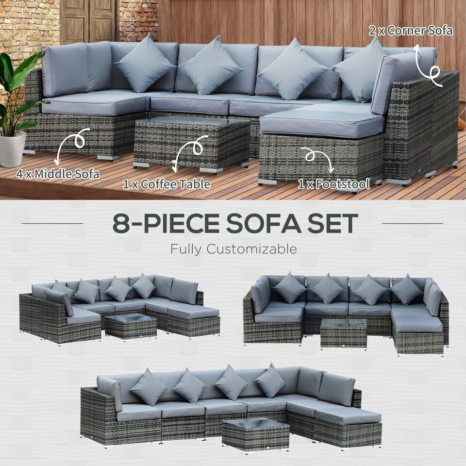 image 1 of Outsunny 8pc Rattan Sofa Garden Furniture Aluminium Outdoor Patio Set Grey