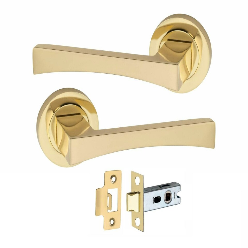 image 1 of Golden Grace 1 Pair Wave Design Door Handles on Round Rose in Electro Brass Finish with 2.5" Tubular Latch - 52mm Diameter Gold