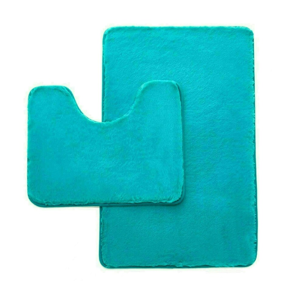 image 1 of VELVETIO Faux Fur Bath Mat Set Shaggy Super Soft Plush Anti Slip PVC Back Blue | Teal