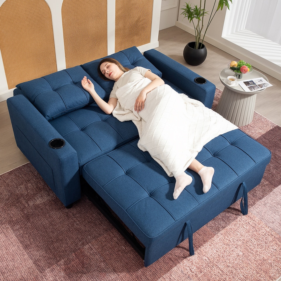 image 1 of HOMCOM 2 Seater Pull Out Sofa Bed with Pockets for Living Room, Dark Blue