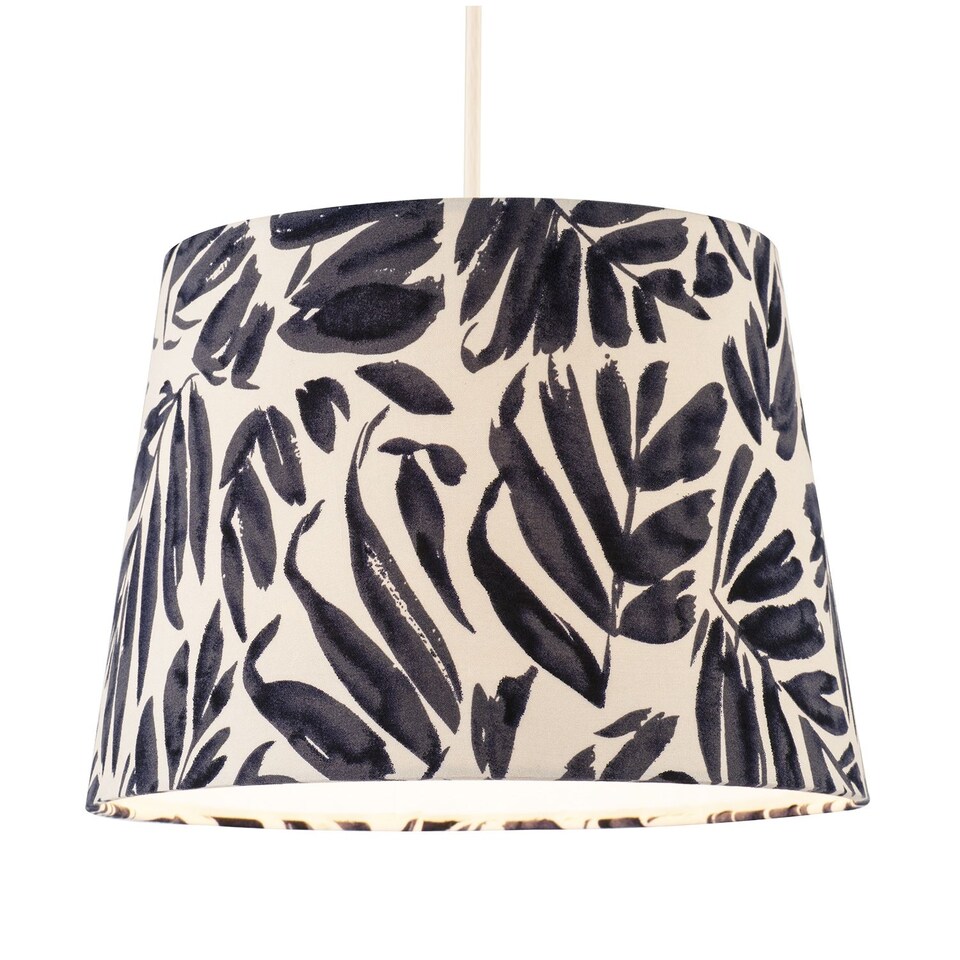image 1 of Midnight Blue Palm Leaf Themed 25cm Drum Lampshade with Fabric Lining | Blue | Midnight Blue | 1