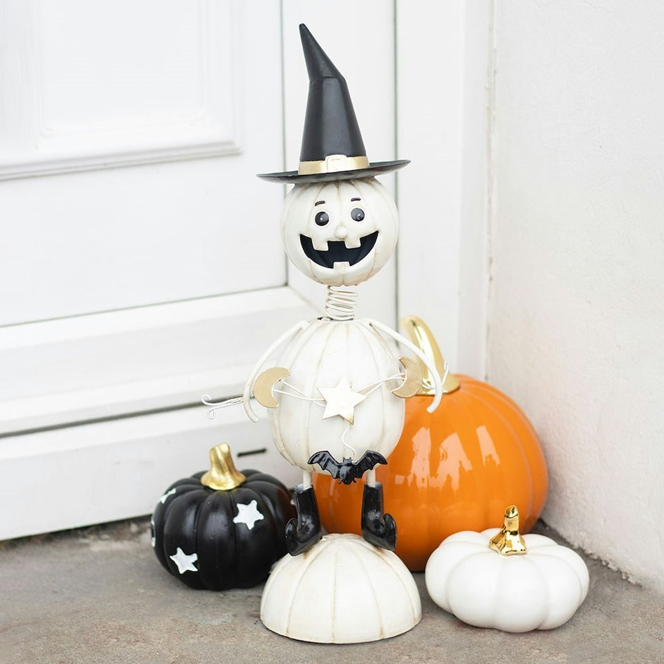 image 1 of White Metal Pumpkin Man Halloween Ornament with Witch Hat