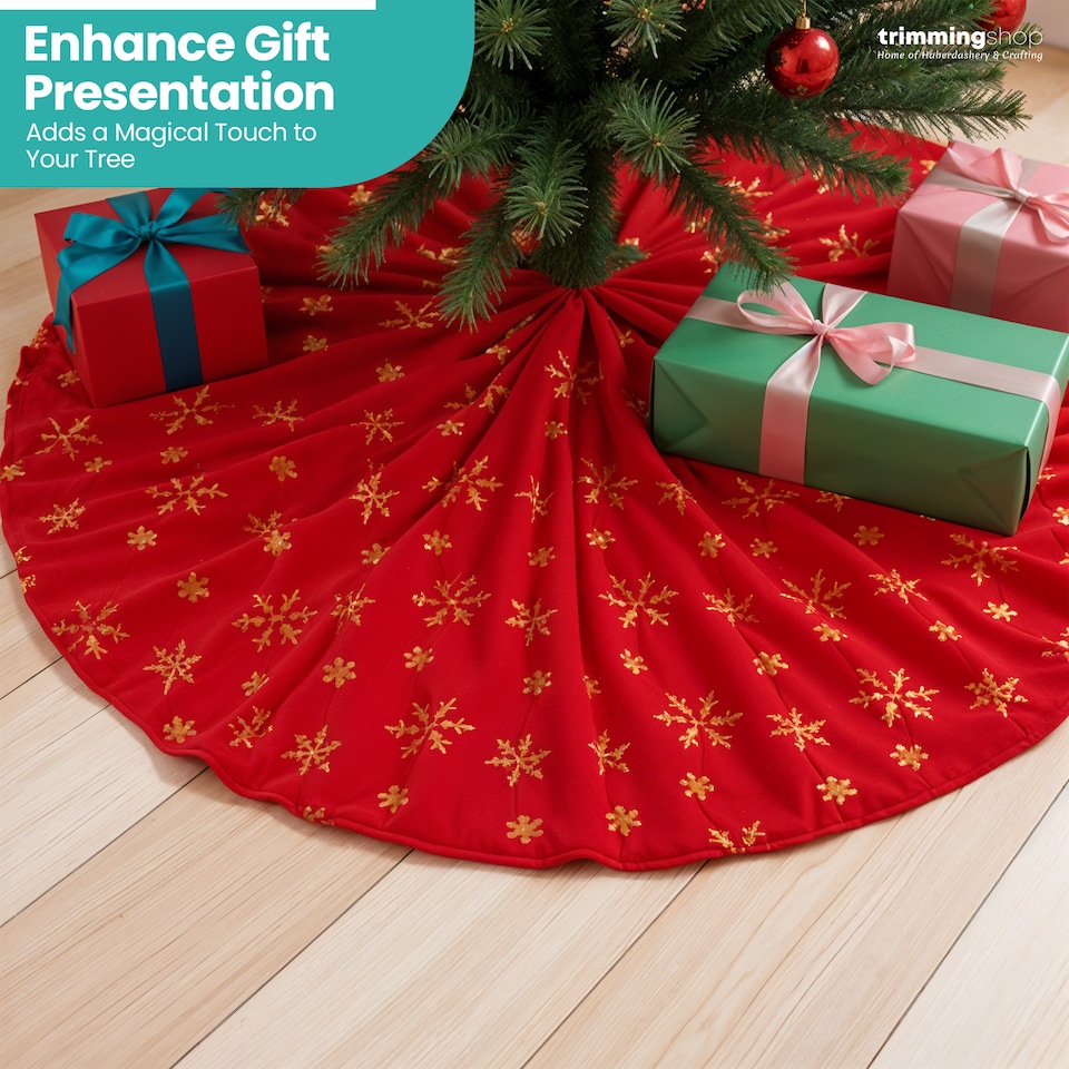 image 1 of 100cm Christmas Tree Skirt Large Red & Gold Snowflake Mat, Tree Skirt