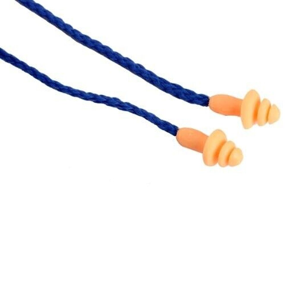 image 1 of Pack of 10 Pairs Corded Reusable Ear Plugs | Silicone Noise Reduction Earplugs with Nylon Cord | Comfortable Triple Flange Hearing Protection for Work, Sleep, Study & Travel