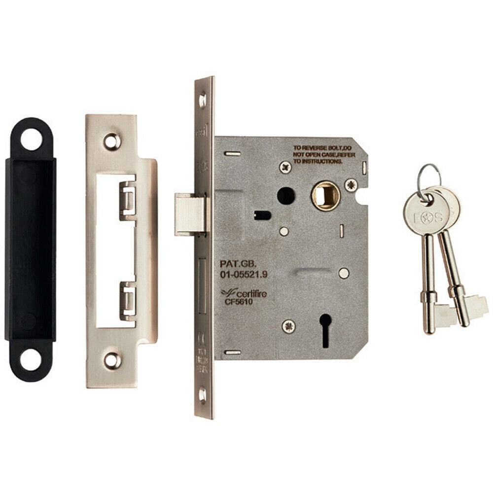 Loops Locking 3 Lever Door Sashlock Latch Square Forend 76mm Satin Nickel in Metallics