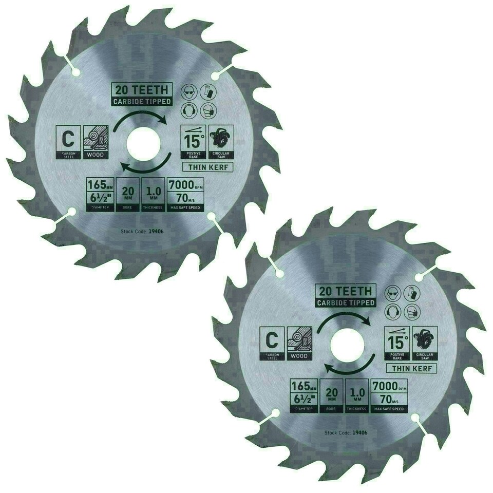 image 1 of Circular Saw Blade 165mm x 20mm 20 Teeth TCT Coarse Cutting Disc Wood 2pc