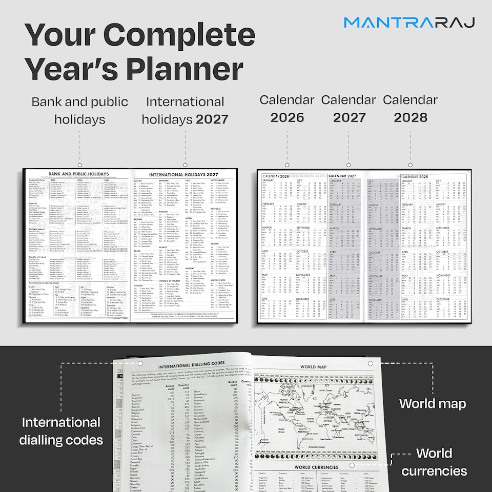 image 1 of MantraRaj 2027 Diary A5 2 Pages A Day Diary Hardback Year Planner Office Desk Diary (Black)