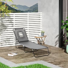 Outsunny Folding Sun Lounger with Face Hole, 4-Position Adjustable Backrest Garden Recliner Chair Sunbed, Outdoor Lounge Chair with 600 D Oxford Cloth Seat, Pillow for Beach | Grey