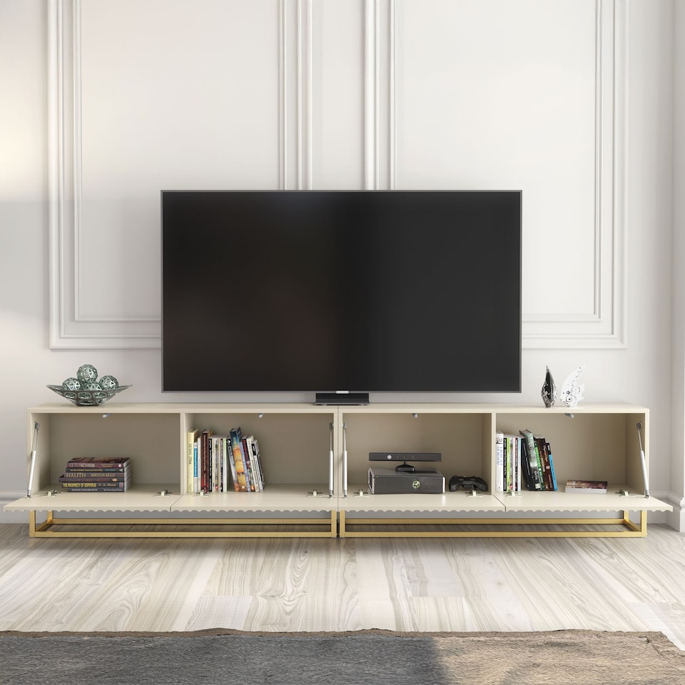 image 1 of TV Unit TV Stand Cashmere Gold Fluted Modular Media Console Sideboard Storage 200cm