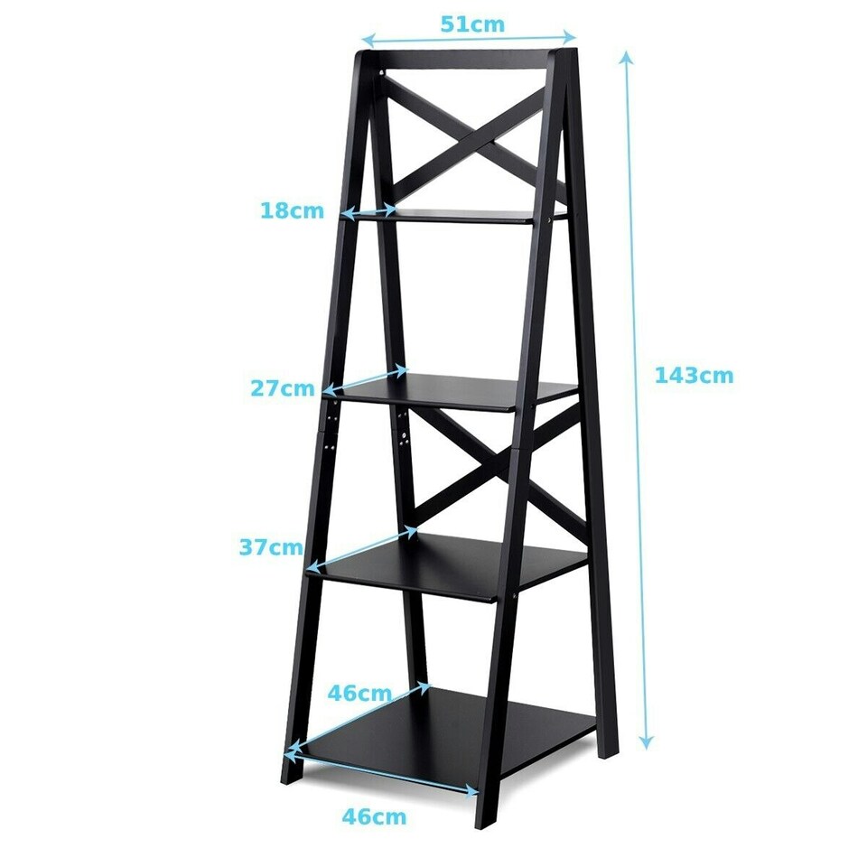 image 1 of COSTWAY 4 Tier Ladder Shelf Storage Wooden Bookcase Black Black
