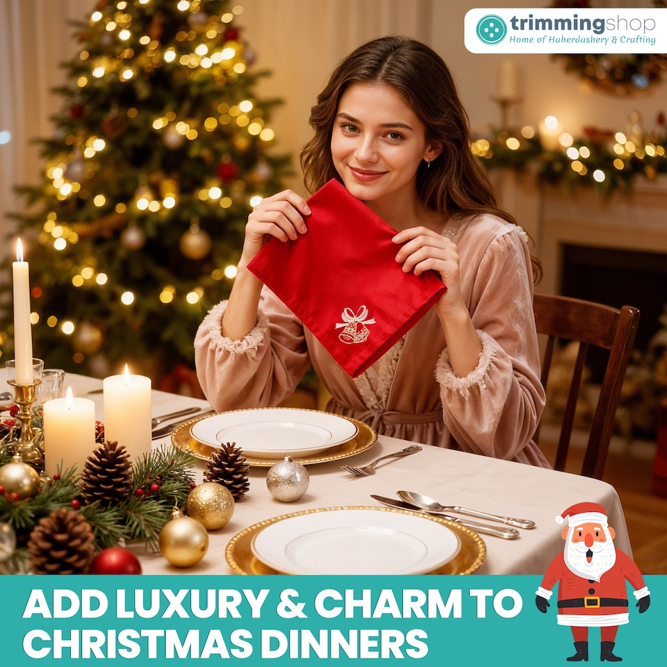 image 1 of 1pc Christmas Table Napkin Set with Festive Jingle Bell Embroidery - 20 Inch
