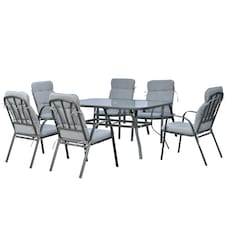 Outsunny 7 PCs Garden Dining Set, Glass Table with Umbrella Hole