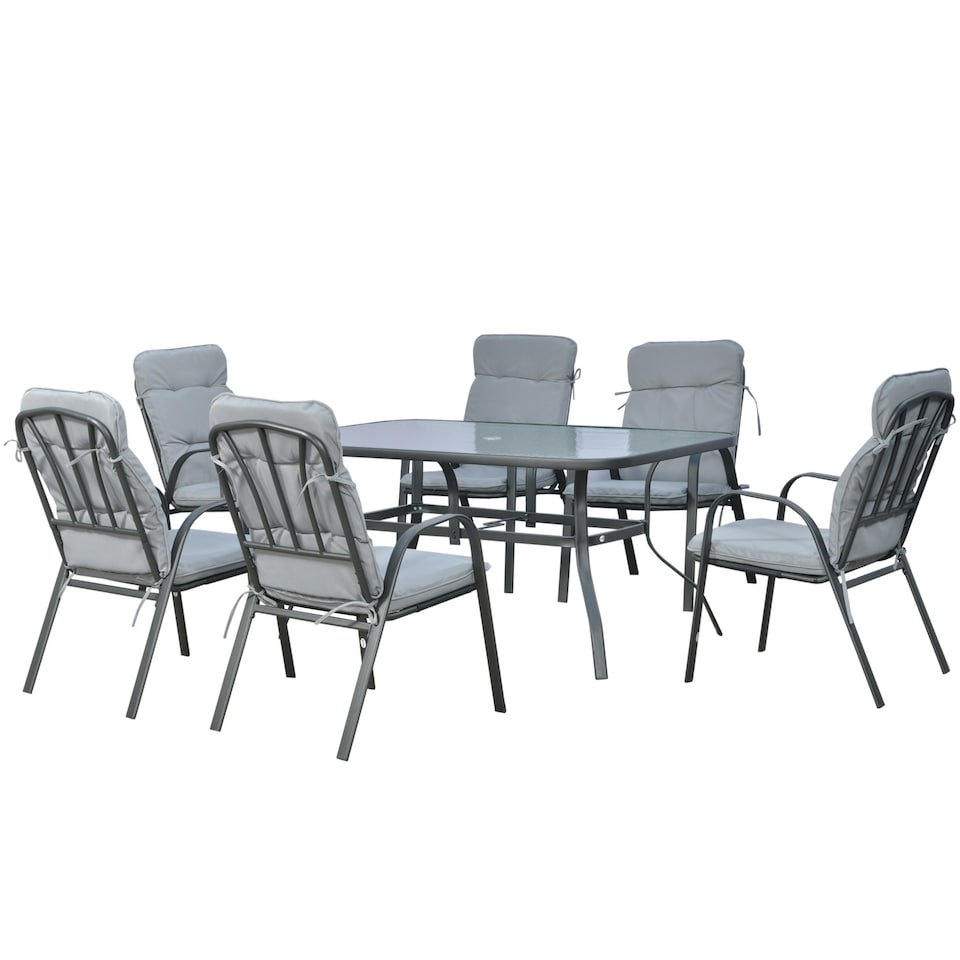 image 1 of Outsunny 7 PCs Garden Dining Set, Glass Table with Umbrella Hole