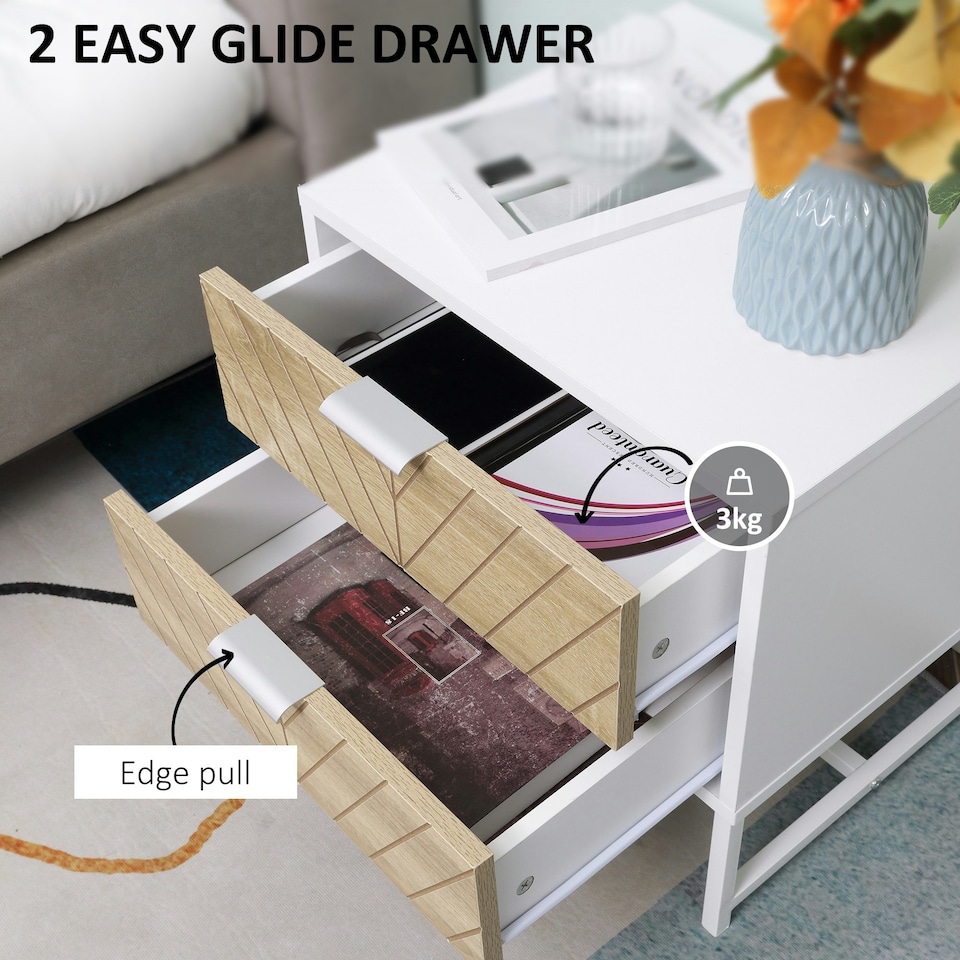 image 1 of HOMCOM Bedside Table End Table with 2 Drawers for Bedroom, White and Oak