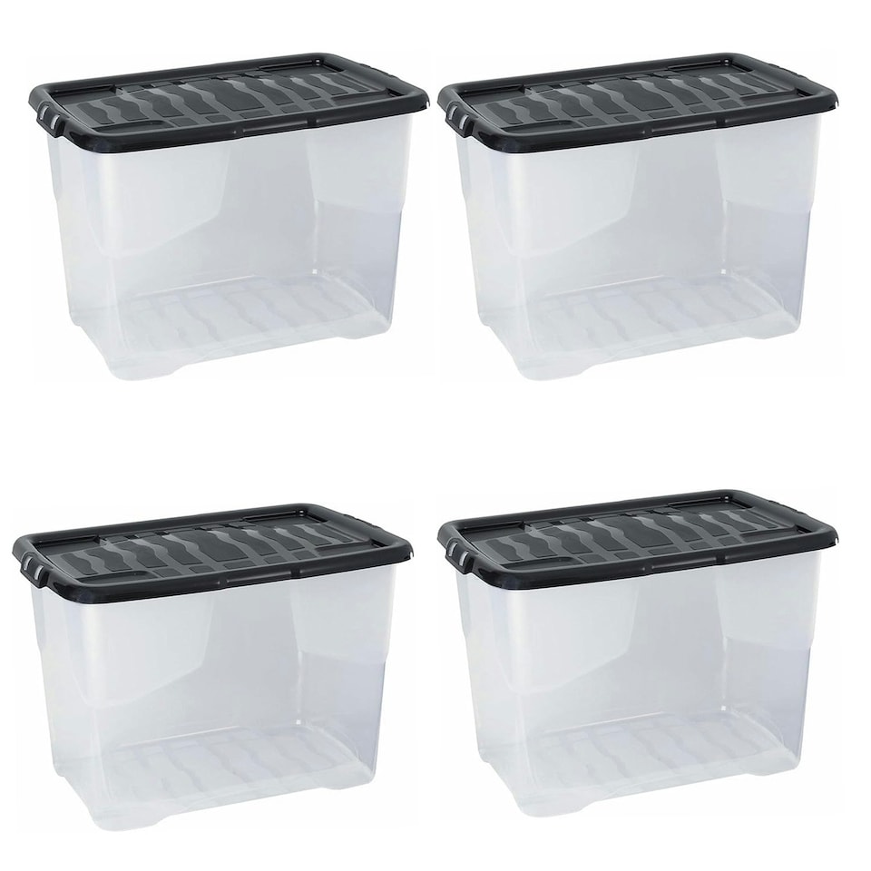 image 1 of 1 x 100 Litres Clear Transparent Base Curve Storage Container With Black Lid For Home & Office Clear