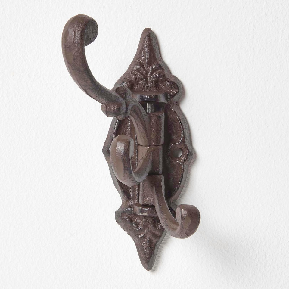 image 1 of Homescapes Ornate Hinged Cast Iron Wall Hook Brown | One Size