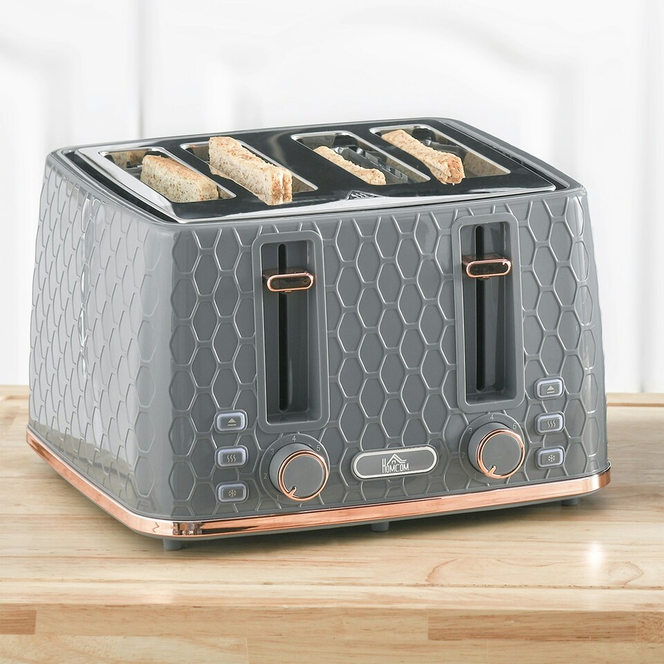 image 1 of HOMCOM Toaster with 4 Slot, 7 Browning Levels, 1600W, Grey Honeycomb Grey | Pink accents | 29.3L x 27.6W x 18.9H cm