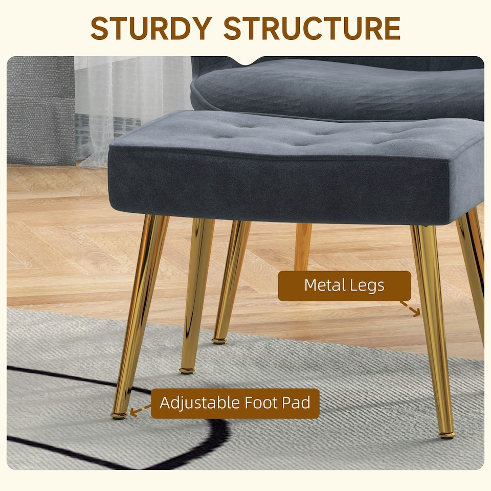 image 1 of HOMCOM Button Tufted Armchair with Footstool and Gold Tone Steel Legs Dark Grey