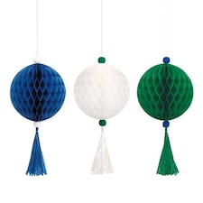 Blue White & Green Honeycomb Hanging Decorations with Tassels - Pack of 3